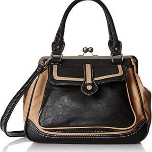 MG Collection Aubrey Vintage Dr Style Pleather Handbag w/Kiss-Lock Beige & Black